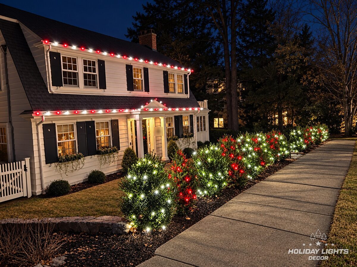 Angled view of a Newtonville colonial in Newton, MA with red and white bulbs on the rooflines and a row of red and white lit shrubs