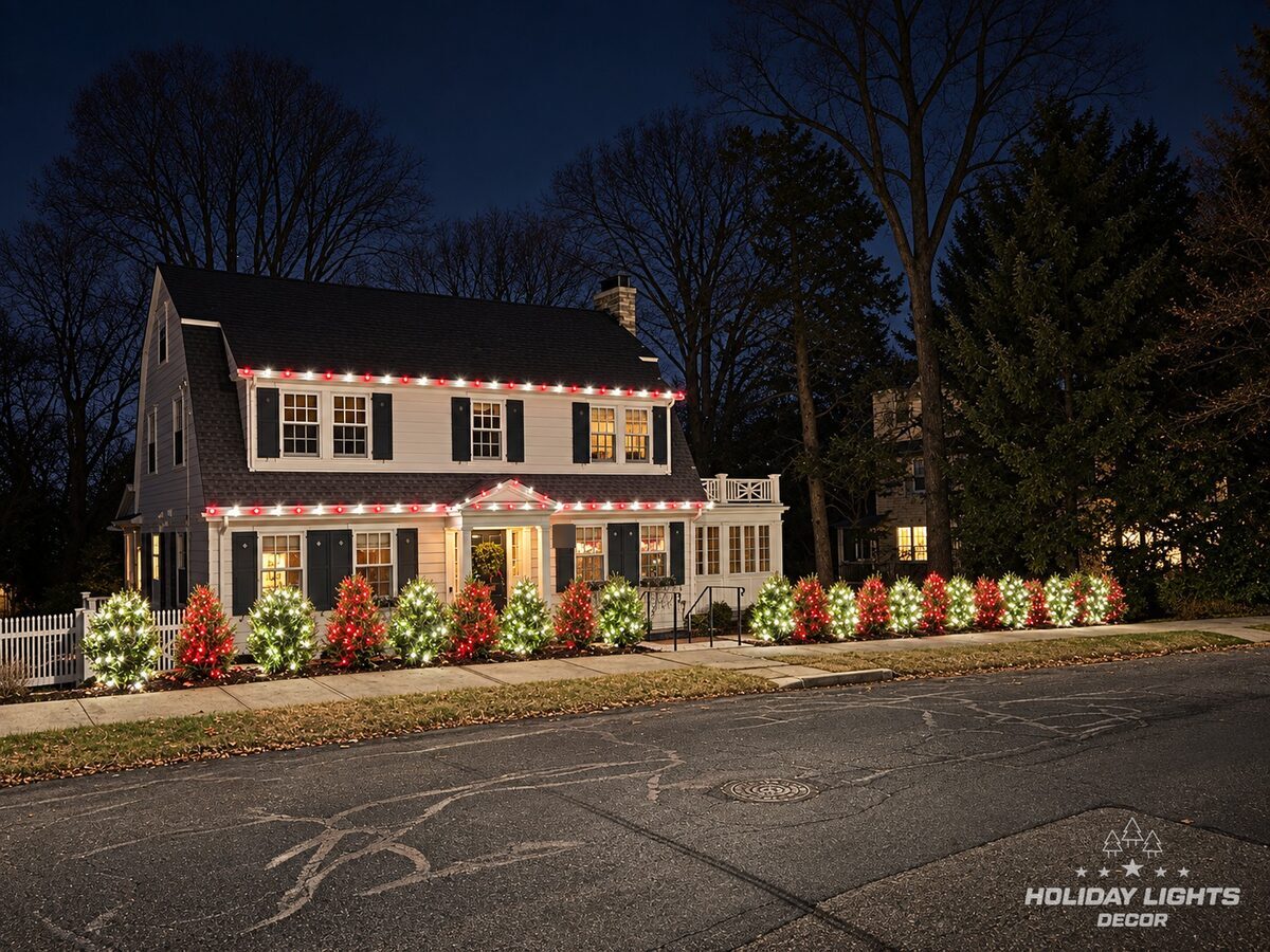 Wide night view of a Newtonville colonial in Newton, MA with red and white roofline bulbs and alternating lit shrubs along the sidewalk