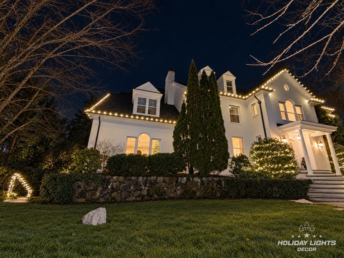 Wide angled view of a Brookline, MA estate with warm white rooflines across the main house and side wing, lit shrub by the portico