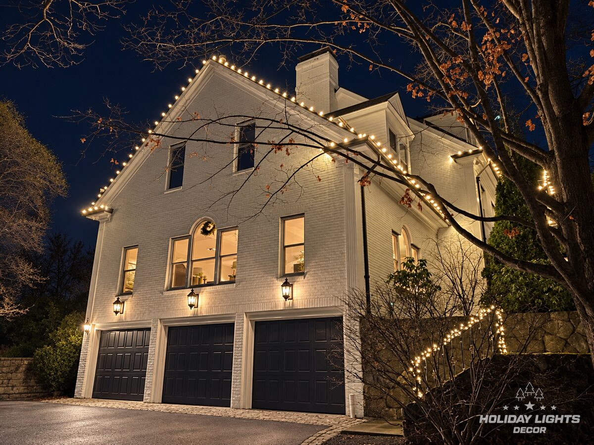Garage side of a white brick Brookline, MA estate with warm white C9 lights along the tall gable and rooflines