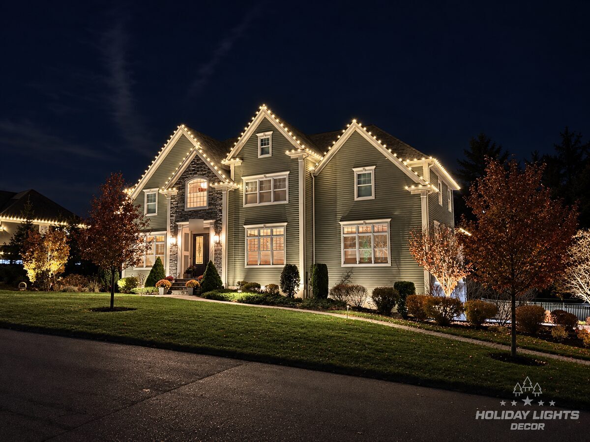 Angled nighttime view of warm-white lights tracing several gables and eaves.