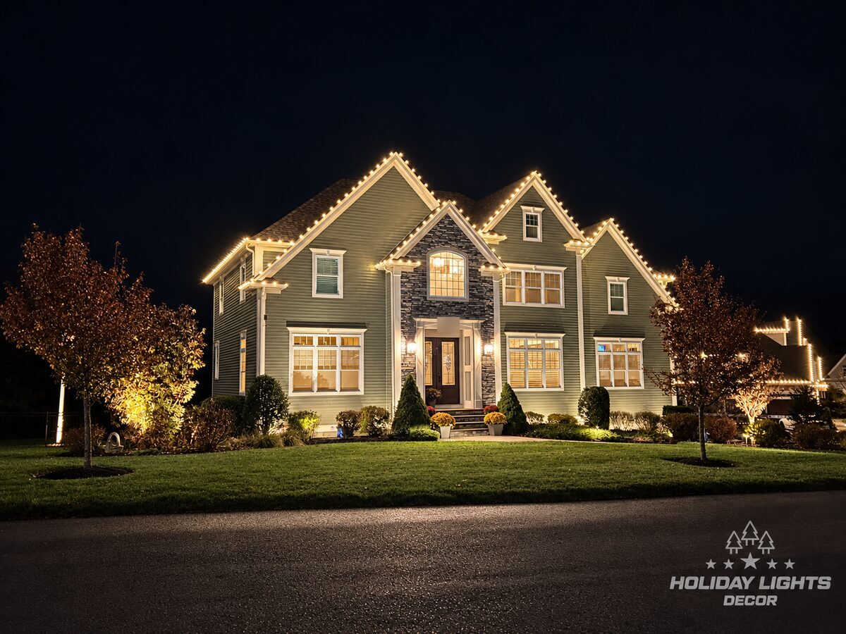Front nighttime view of warm-white lights outlining a large home's gabled roof.