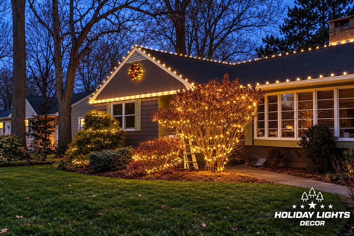 Early evening view of a ranch-style home in Belmont, MA with warm white C9 lights on the roofline and front gable, a gable wreath and lit shrubs