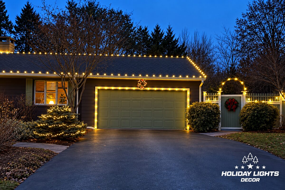 Driveway view of a Belmont, MA ranch home with a warm white outlined garage door, roofline lights, a lit evergreen and a wreath on the lit garden gate arch