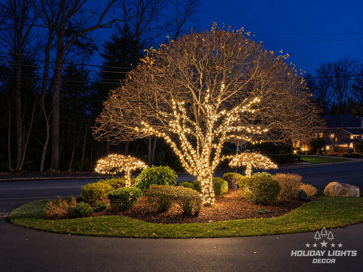 Garden island in Lexington, MA with warm white mini lights wrapped around a large tree trunk and branches between two smaller lit trees