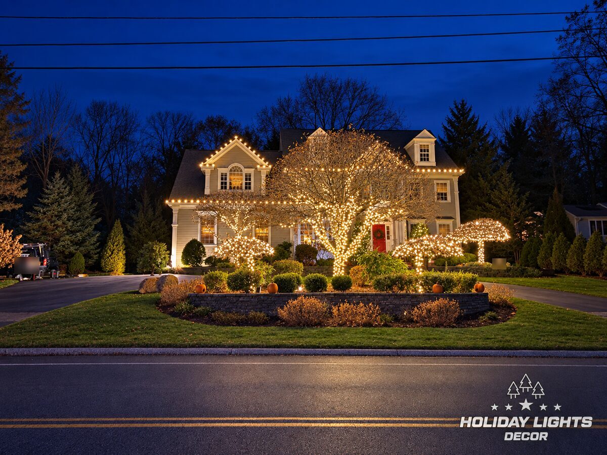 Street view of a Lexington, MA colonial with warm white roofline lights and wrapped trees in the landscaped front island