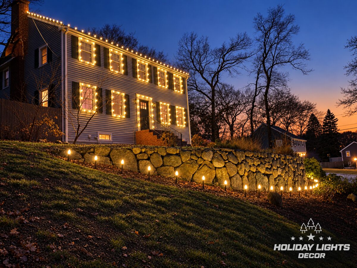 Angled view of a lit Woburn, MA colonial facade with warm white ground-staked bulbs following the base of the stone retaining wall