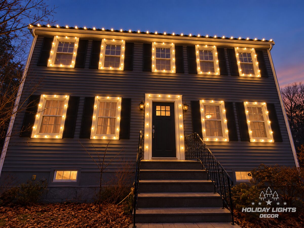 Close front view of a Woburn, MA colonial with nine warm white window outlines and matching lights framing the central entrance