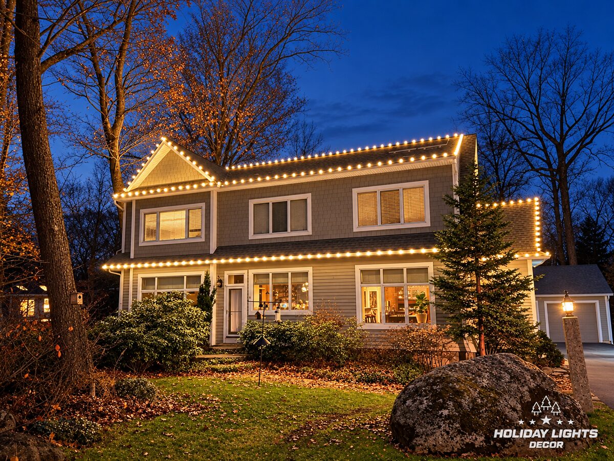 Front garden view of a gray Shrewsbury, MA home with warm white roofline lights, framed by mature trees and a large natural boulder