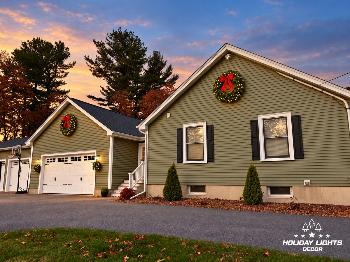 Two lit Christmas wreaths with red bows on the front gables of a sage green ranch home in Tewksbury, MA, one above the garage