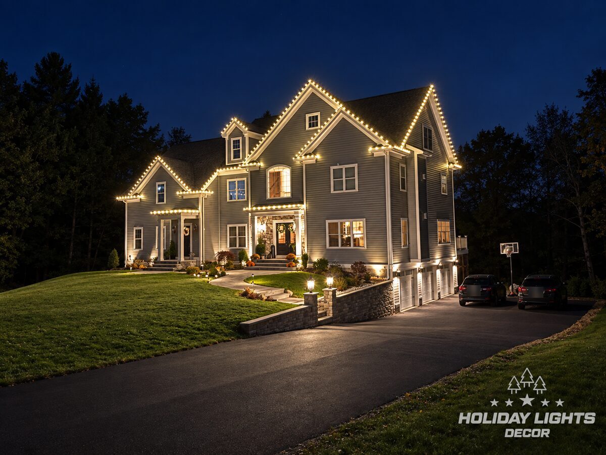 Nighttime view of a large gabled home with warm-white roofline lights and door wreaths.