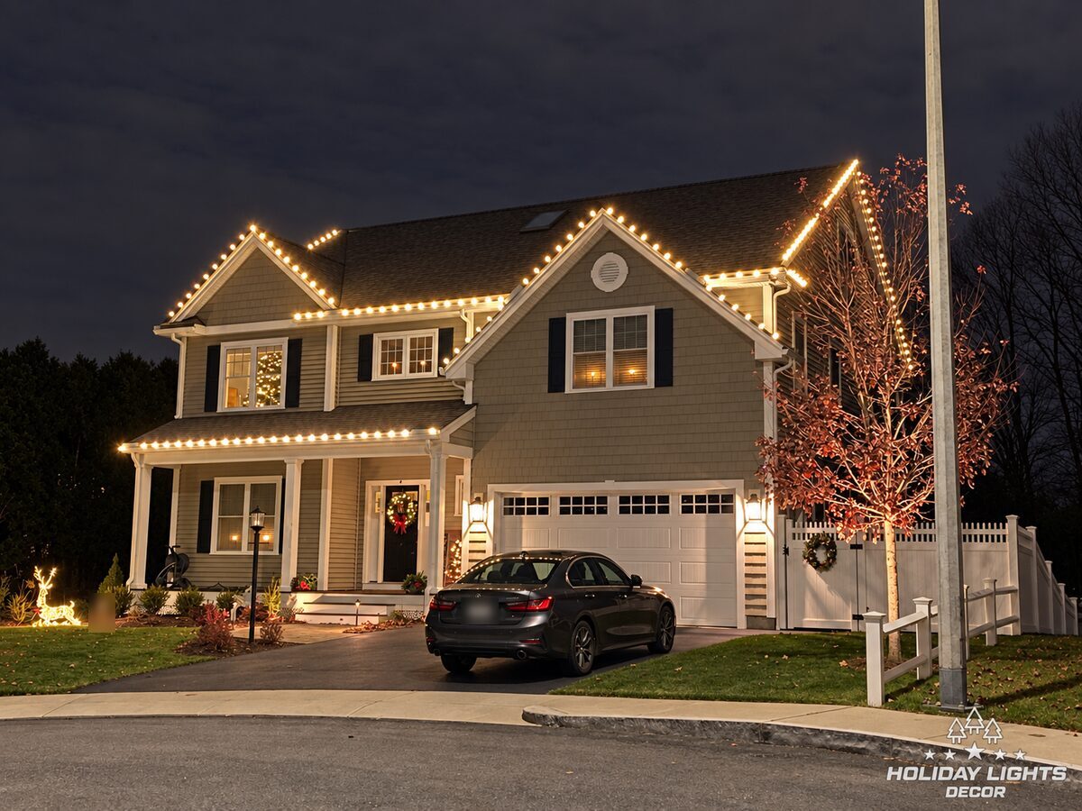 Night front view of a gabled home with warm-white roofline lights and a door wreath.