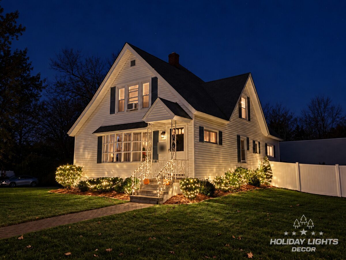 Warm-white lights cover shrubs and front railings at a small Woburn home at night.