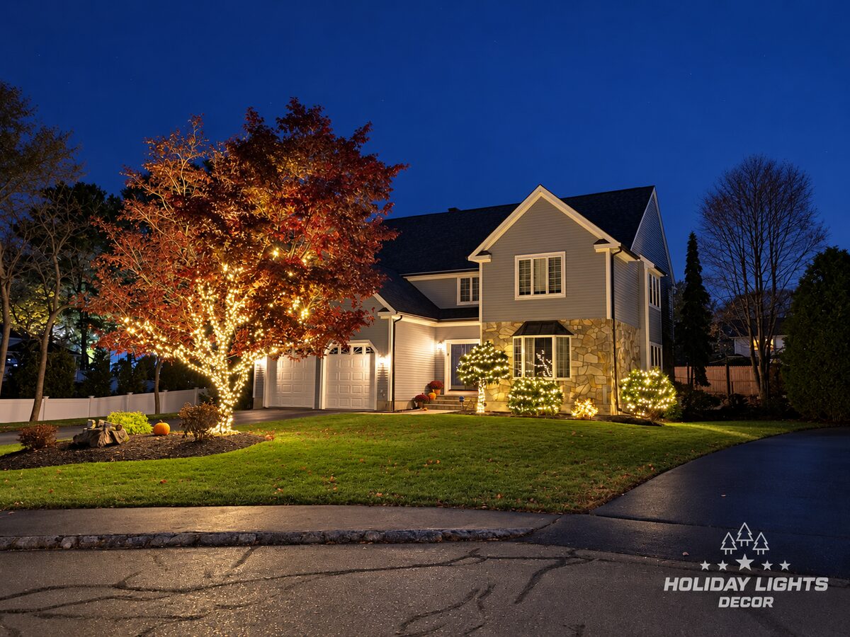 Warm-white lights wrap a large tree and shrubs outside a two-story Woburn home.