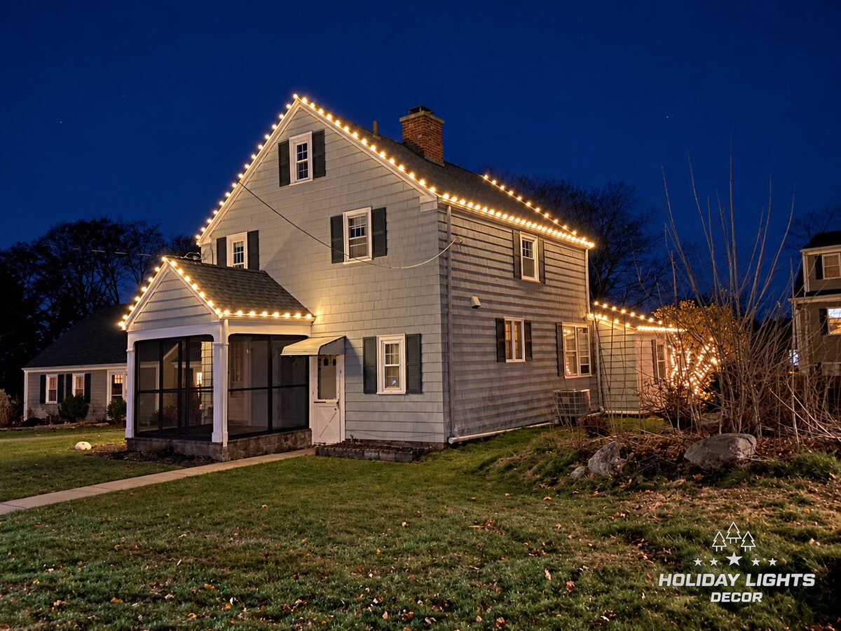 Warm-white lights trace a gabled Arlington home with a wrapped tree at night.