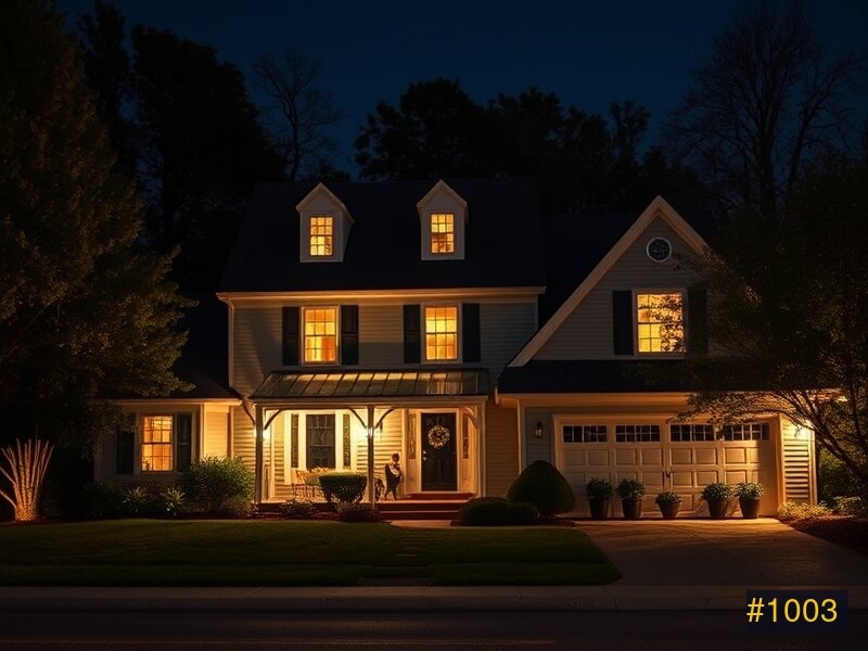 Same home at night with permanent warm-white roofline lights