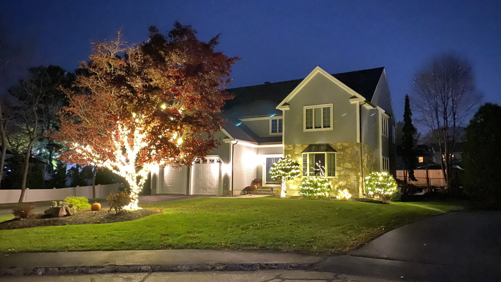 A neighborhood fully lit for the holidays