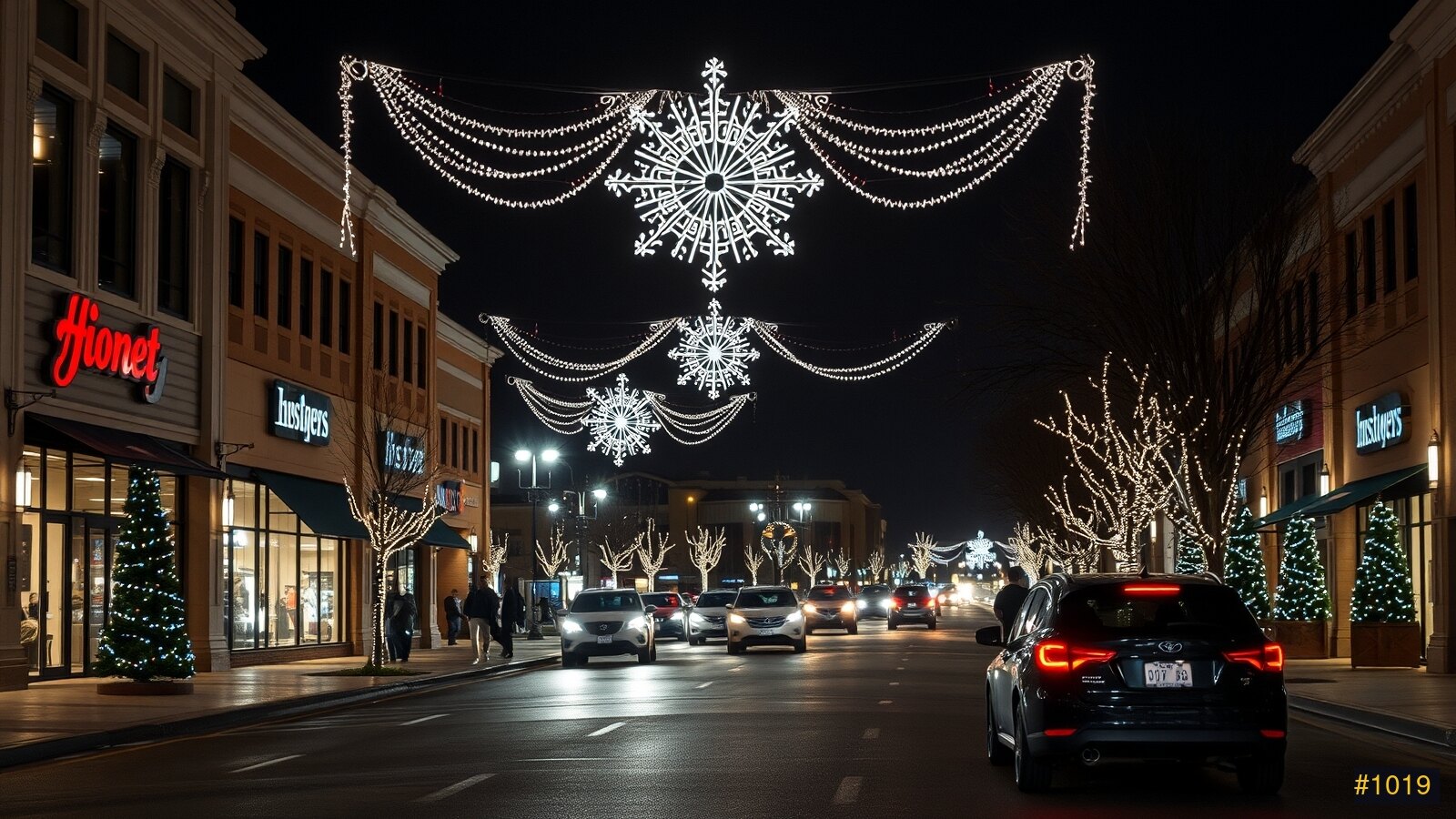 Commercial plaza decorated with Christmas lights