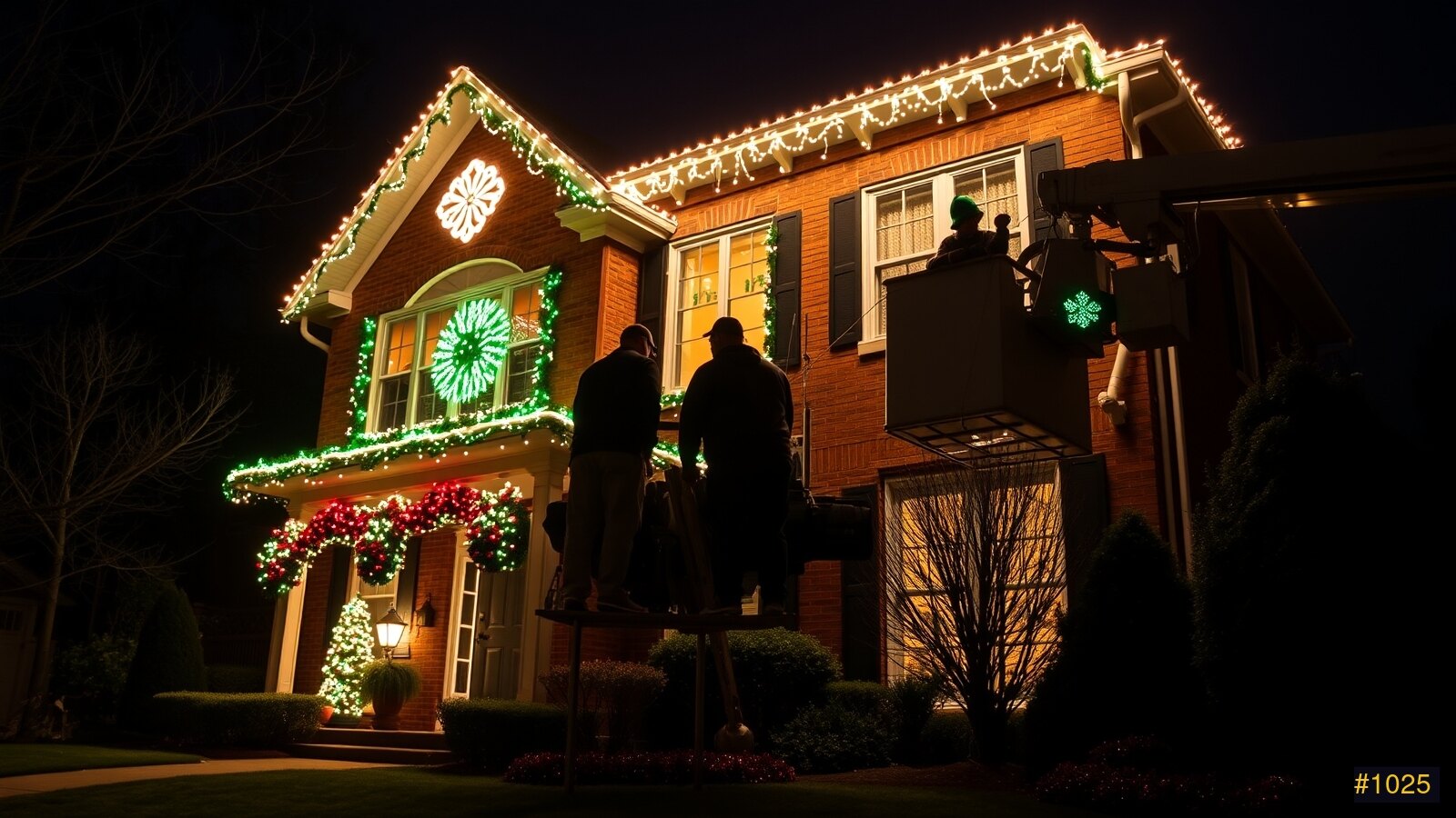 A crew installing Christmas lights from a bucket truck