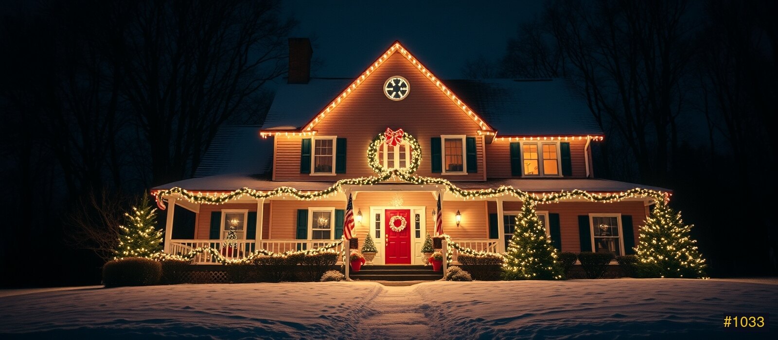 Festive Quincy home at night
